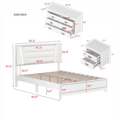 3 Pieces Bedroom Sets Queen Size Upholstered Bed with LED Lights, Nightstands, 3 Piece Wood Bedroom Furniture Set, White
