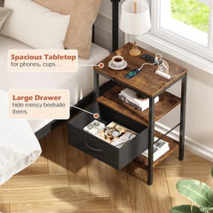 Nightstand Set of 2, Bed Side Tables with Charging Station, Adjustable Fabric Drawer, Night Stand for Bedroom
