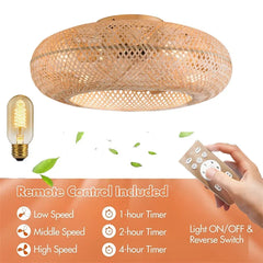 Boho Bamboo Light Farmhouse Caged Ceiling Fan Lights Rustic Fandelier with Remote 20 inch Living Room Bedroom Ceiling Fan Lamp