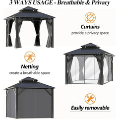 8.5x8.5FT Outdoor Hardtop Gazebo - with Breathable Netting & Privacy Curtain, Double Roof, Gazebos