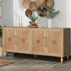 Farmhouse Sideboard Buffet Cabinet Accent Storage Cabinet with 4 Carved Flower Doors and Metal Handless, TV Stand Console Table