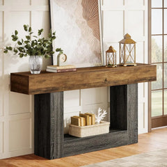 63-Inch Long Console Table, 2-Tier Entryway Table Sofa Table with Storage, Farmhouse Wood Behind Couch Tables for Living Room,