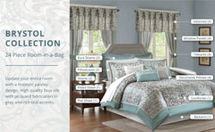 24 Piece Faux Silk Paisley Queen Comforter Set with Matching Curtains, Down Alternative Hypoallergenic - Teal
