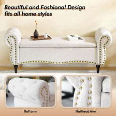 Storage Ottoman Bench, 53" Length Upholstered Benches, Tufted Bed Benches with Rolled Arm and Nailhead Trim, Bench