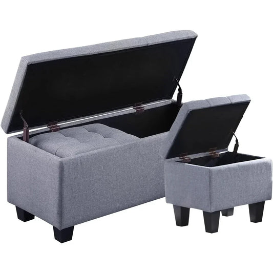 Hinged Storage Ottoman Set of 3, 38'' Living Room Storage Bench with Thick Seating, 2pcs Small Square Dorm Stool