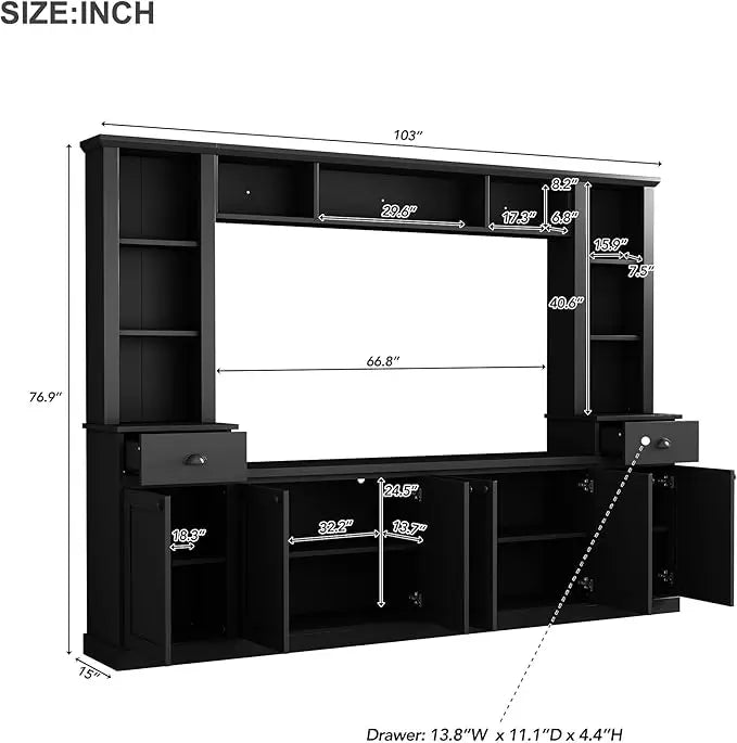 Entertainment Wall Unit Set with Bridge,  TV Stand Console Table with Adjustable Shelves for TVs Up to 75”, Large Media Console