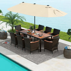 10Piece Patio Rattan Dining Set w/15Ft Double-Sided Umbrella, Outdoor Heavy Duty Acacia Wood Table & Stackable Wicker Chairs Set
