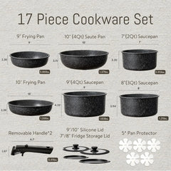 17pcs Pots and Pans Set Non Stick, Nonstick Cookware Set with Removable Handle,RV Kitchen Set