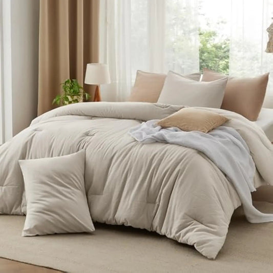 Comforter Set Queen Size - Cotton Fabric with Microfiber Inner Fill, Linen Color Soft Bed Set for All Seasons, 3 Pieces, 1 Com