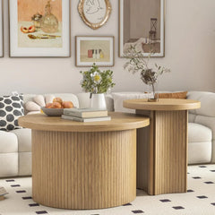 Rustic Round Nesting Coffee Table Set – Space-Saving Wooden Coffee Tables for Living Room