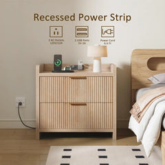 Fluted Nightstand Set of 2, 23.6" Night Stand with Charging Station,Modern Side Table with 2 Drawers,Bedside Table for Bedroom,