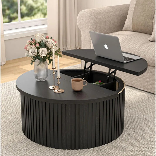 Lift Top Coffee Table with Storage, Round Coffee Tables for Living Room, 34.6In Farmhouse Fluted Coffee Table, Wood Center Table
