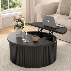 Lift Top Coffee Table with Storage, Round Coffee Tables for Living Room, 34.6In Farmhouse Fluted Coffee Table, Wood Center Table