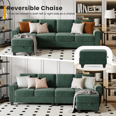 Sectional Sofa Couch for Living Room, 106 Inches L Shaped Couch with Storage, 5 Seater Corduroy Home Sofas, Modern Couches with