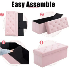 43" Folding Velvet Storage Ottoman Bench – Pink, Multi-Functional Footrest & Shoe Bench