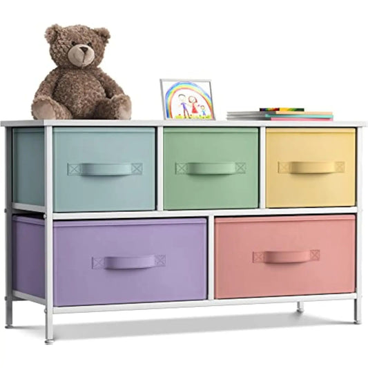 Kids Dresser with 5 Drawers - Storage Chest Organizer Unit with Steel Frame, Wood Top, Easy Pull Fabric Bins - Long Wide TV St