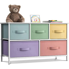 Kids Dresser with 5 Drawers - Storage Chest Organizer Unit with Steel Frame, Wood Top, Easy Pull Fabric Bins - Long Wide TV St
