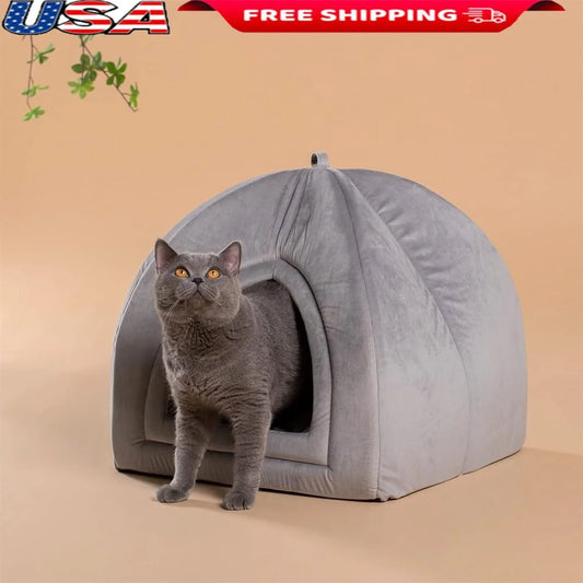 Soft Cat House Tent Indoor Pet Bed 2-in-1 Removable Pillow Cozy Cave Small Dogs and Cats