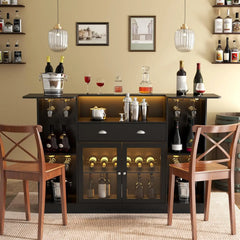 Bar Table Cabinet with LED & Drawer, Mini Liquor Bar with 8-Tier Storage & Stemware Holder（Black）
