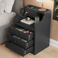 Nightstand with Charging Station,Black Night Stand for Bedroom,End Tablek