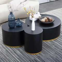 35" Modern Black Round Coffee Table with Gold Rim – Stylish Drum End Table