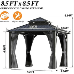 8.5x8.5FT Outdoor Hardtop Gazebo - with Breathable Netting & Privacy Curtain, Double Roof, Gazebos