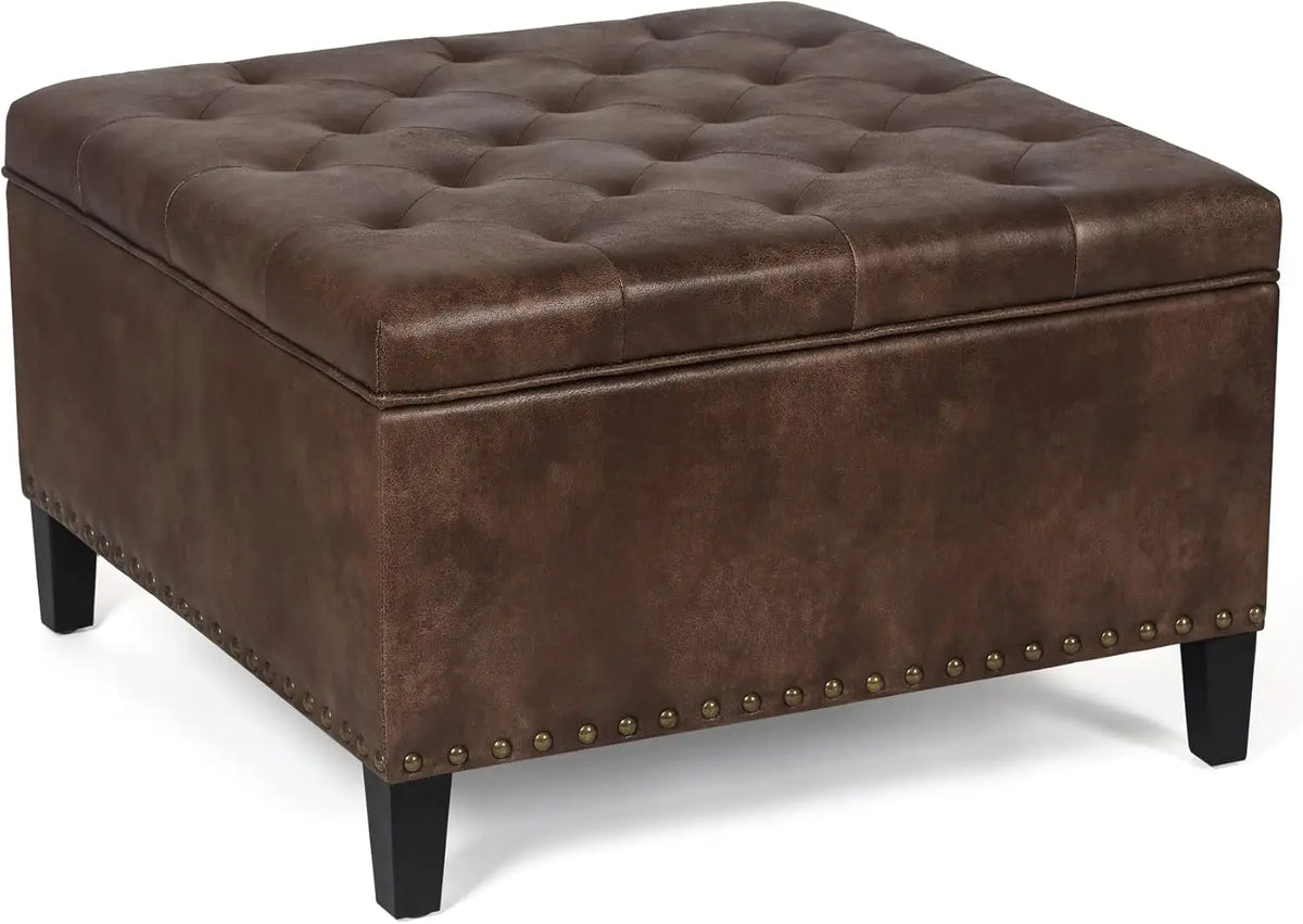 Storage Ottoman Square Upholstered Tufted Bench with Rivet, Footrest Coffee Table with Wood Legs for Living Room Bedroom