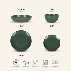 Brasa Modern Stoneware 16 Piece Dinnerware Sets, Plates and Bowls Sets, Dish Set for 4, Green