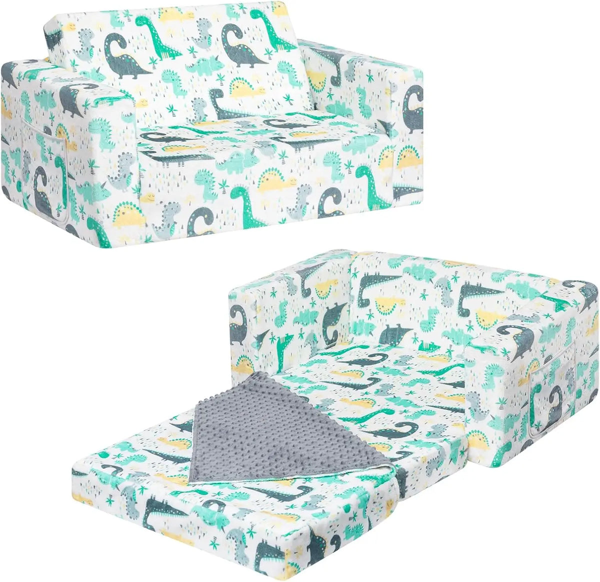Fold Out Toddler Couch, Extra Wide Comfy 2-in-1 Cuddly Sherpa Sofa for Kids, with Removable Baby Friendly Blanket, Convertible