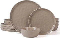 Dinnerware Sets for 4, Ocean Round 12-Piece Kitchen Plates and Bowls Sets, Reactive Glaze, Microwave and Dishwasher Safe,