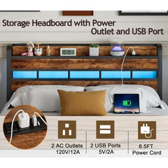 Queen Size Headboard with Storage Shelf, LED Light, USB Charging Station & Adjustable Height