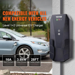 Level 1+2 Portable EV Charger, 16 Amp 120V or 240V, Electric Vehicle Charger with 28-Foot Charging Cable NEMA 6-20P Plug NEMA
