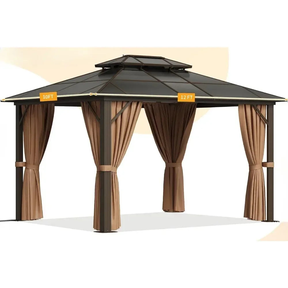 12'x16 'hard Top Pavilion, Outdoor Polycarbonate Double Roof Pavilion with Aluminum Frame, Mesh, and Curtains Gazebo