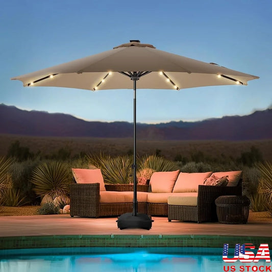 11FT Solar LED Patio Umbrella with Base Outdoor Market Umbrella Adjustable Crank Tilt System Waterproof UV Resistant 32 Lights