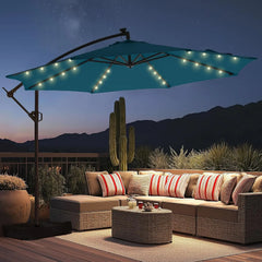 10ft Solar Lights Offset Cantilever Patio Umbrella - with Light and Base, LED Lighted Offset Hanging Patio Outdoor Market