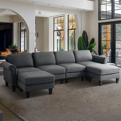 Redlife 108" Sectional Sofa w/ Chaise Living Room Sofa Convertible 4 Seat L-Shape Sofa Set Fabric Sectional Couch w/ Two Ottoman
