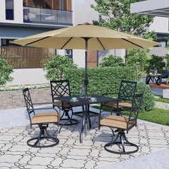 5-Piece Metal Outdoor Patio Furniture Outdoor Dining Set with Brown Umbrella, 4 Metal Swivel Chairs and Square Dining Table