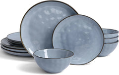 Dinnerware Sets for 4, Ocean Round 12-Piece Kitchen Plates and Bowls Sets, Reactive Glaze, Microwave and Dishwasher Safe,