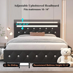 Queen Size Bed Frame with 4 Drawers, Adjustable LED Headboard, PU Leather Upholstered Storage Platform Bed with USB Charging Station