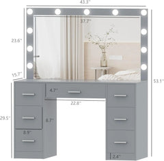 Vanity Table, Makeup Table with Lighted Mirror, 3-Color Lighting Modes, Brightness Adjustable, Dressing Table with Drawers