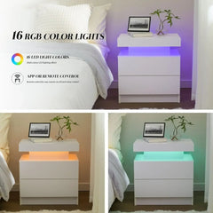 Nightstand LED Bedside Table for Bedroom Modern Night Stand with 2 Wood Drawers End Side Table for Bedroom