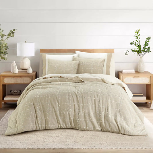 7 Piece Plaid Beige Bed in a Bag Comforter Set with Sheets, Queen