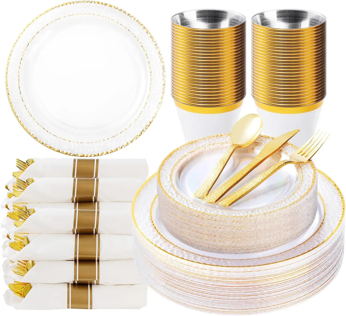 350PCS Clear Plastic Plates with Gold Trim for 50 Guests, Disposable Dinnerware Set for Party & Wedding, Includes 100 Plastic