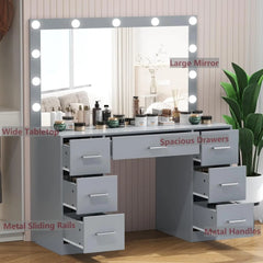 Vanity Table, Makeup Table with Lighted Mirror, 3-Color Lighting Modes, Brightness Adjustable, Dressing Table with Drawers