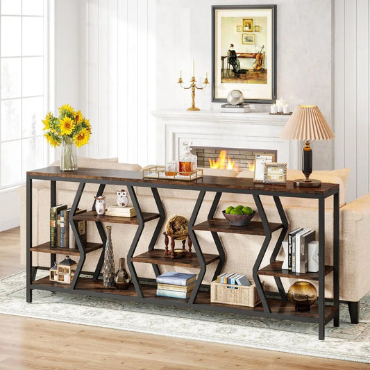 70.9 Inches Sofa Console Table with 4 Tier Wood Storage Shelves, Industrial Extra Long Narrow Entryway Accent Tables