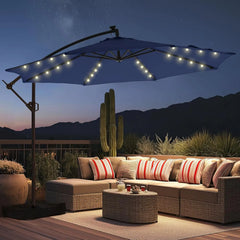 10ft Solar Lights Offset Cantilever Patio Umbrella - with Light and Base, LED Lighted Offset Hanging Patio Outdoor Market