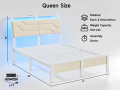 Queen Bed Frame with Headboard and LED Lights, Ergonomic Upholstered Queen Platform Bed Fame with Charging Station & Storage