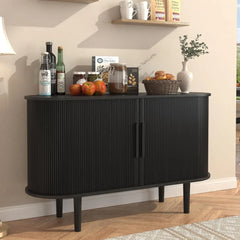 Sideboard Tambour Buffet Cabinet with Storage, Storage Cabinets with Sliding Doors and Handles, Adjustable Shelves