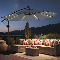 10ft Solar Lights Offset Cantilever Patio Umbrella - with Light and Base, LED Lighted Offset Hanging Patio Outdoor Market