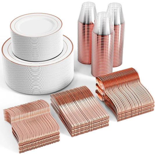 600 Plastic Disposable Tableware Set for 100 Guests, Including 100 Dinner Plates, 100 Salad Plates, 100 Cups, 100 Silverware Set